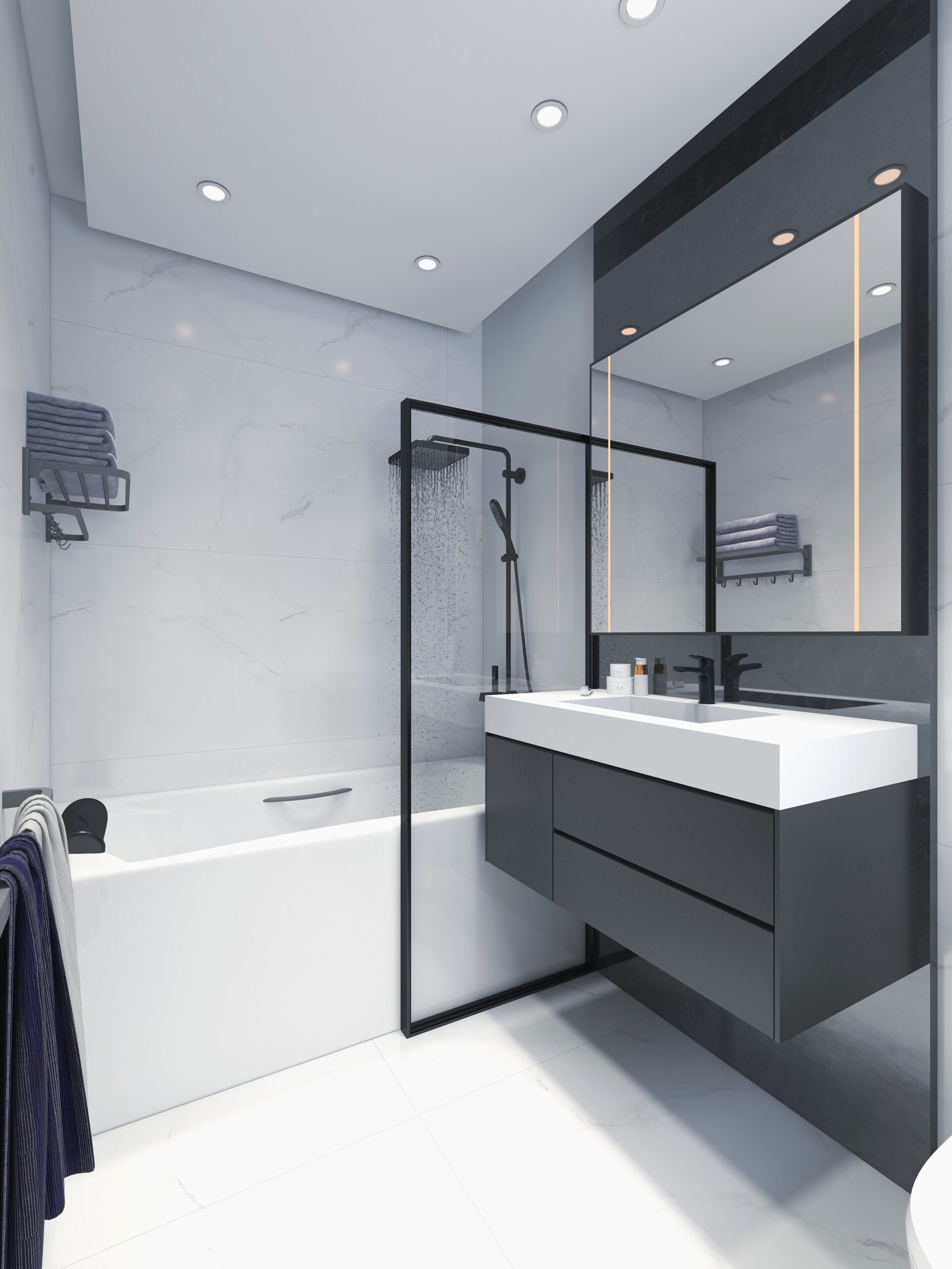 Alpha's luxurious bathroom design with a sleek design, marble walls, and a freestanding bathtub